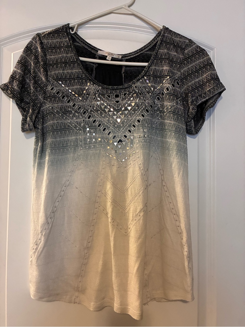 Miss Me Ombre Short Sleeve Top with Studded Neckline - Black, Cream
